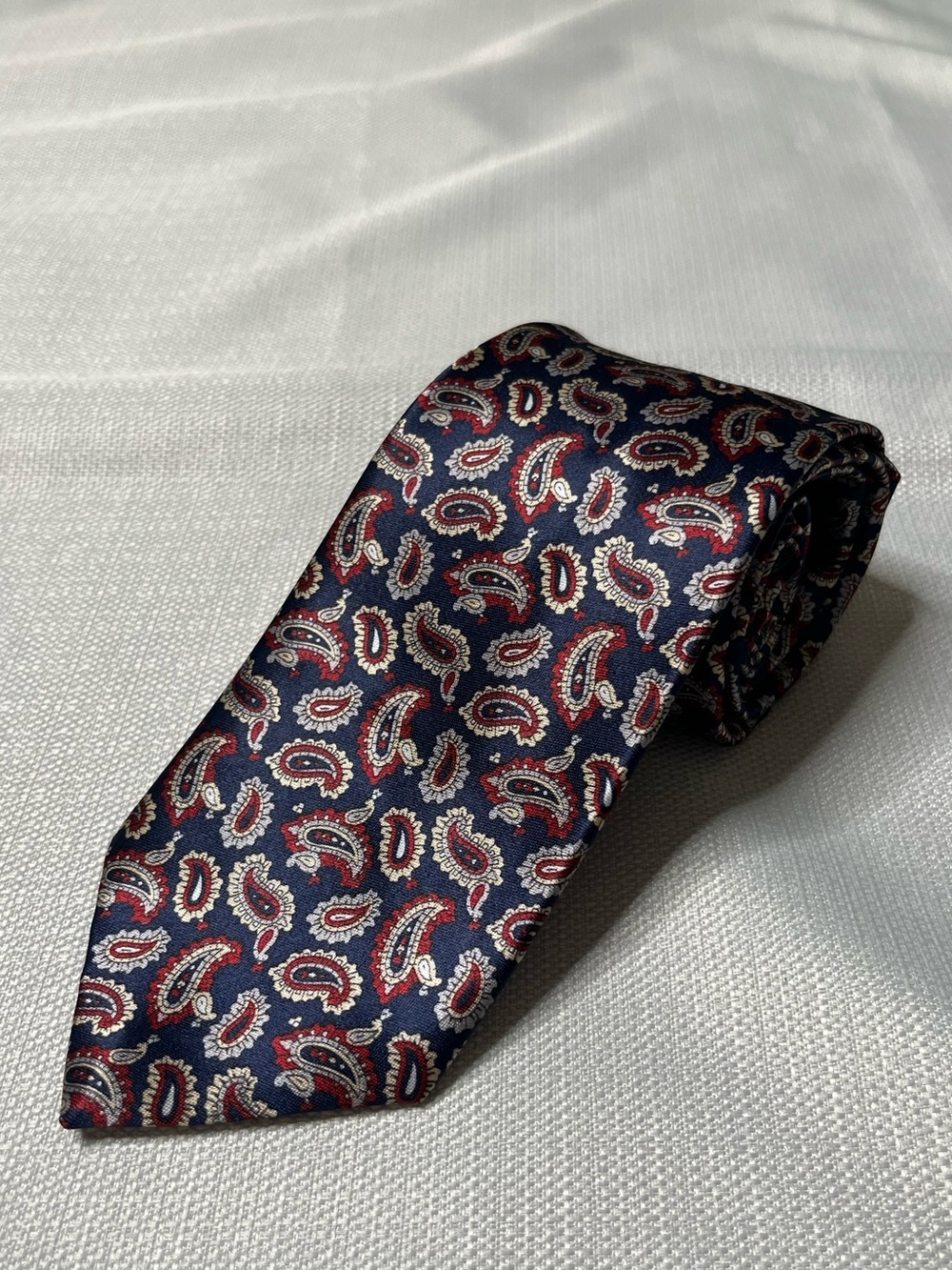 Vintage Etienne Aigner Navy Blue Paisley Necktie with Red and Cream Accents